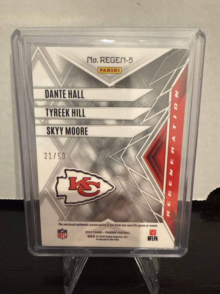 Dante Hall/Tyreek Hill/Skyy Moore 2022 Panini Phoenix Regeneration Purple Triple Relic, 21/50