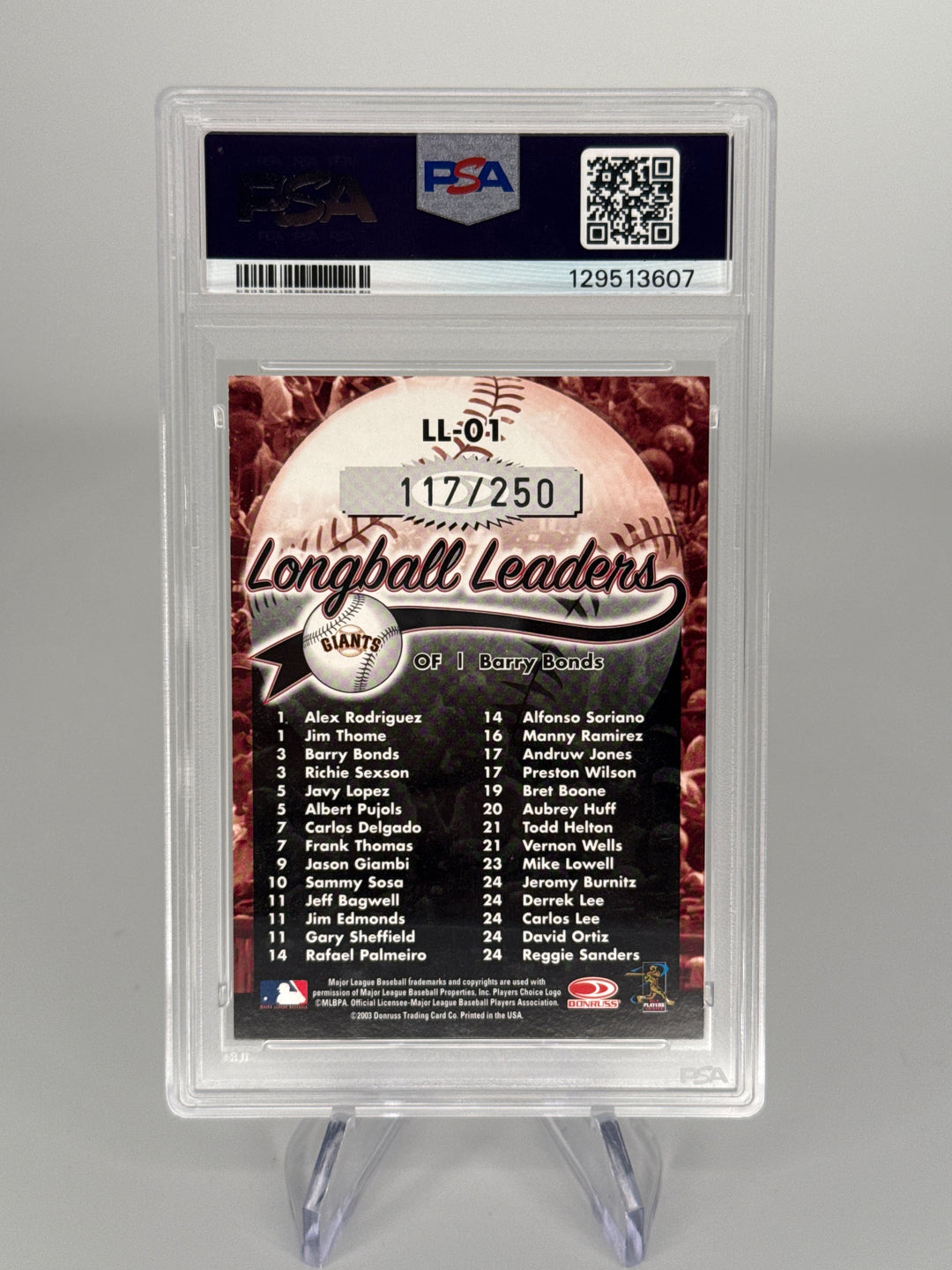 Barry Bonds 2004 Donruss Longball Leaders Black Refractor, 117/250, PSA 8
