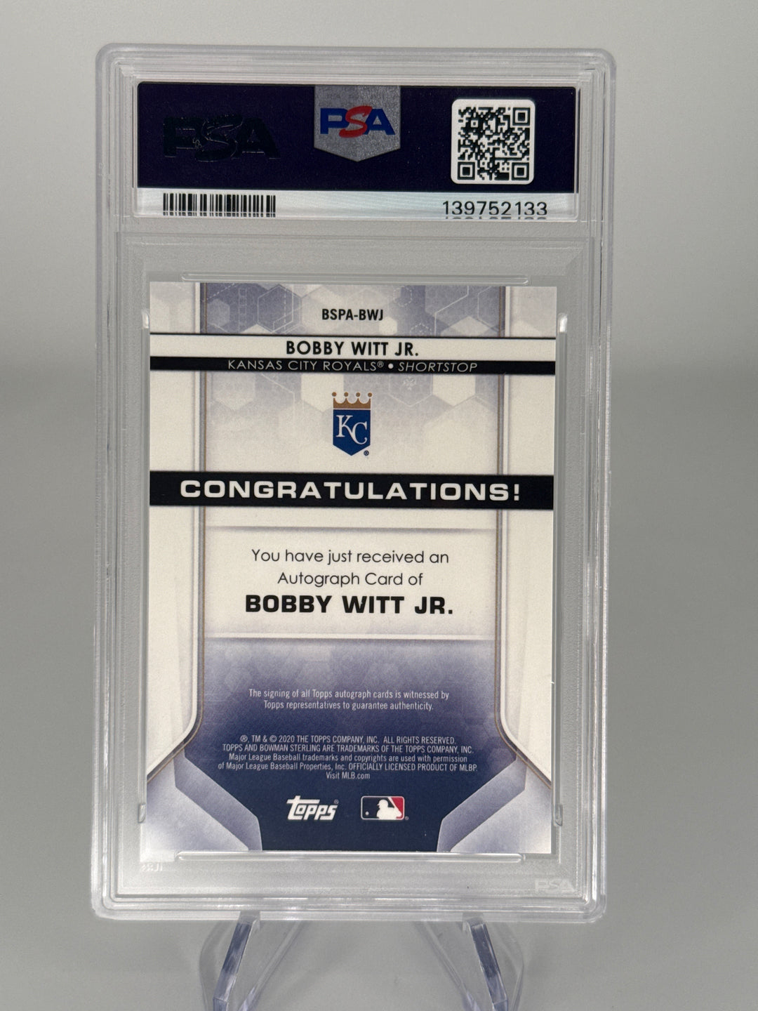 Bobby Witt Jr 2020 Bowman Sterling Prospect Autograph, PSA 10 Gem Mint
