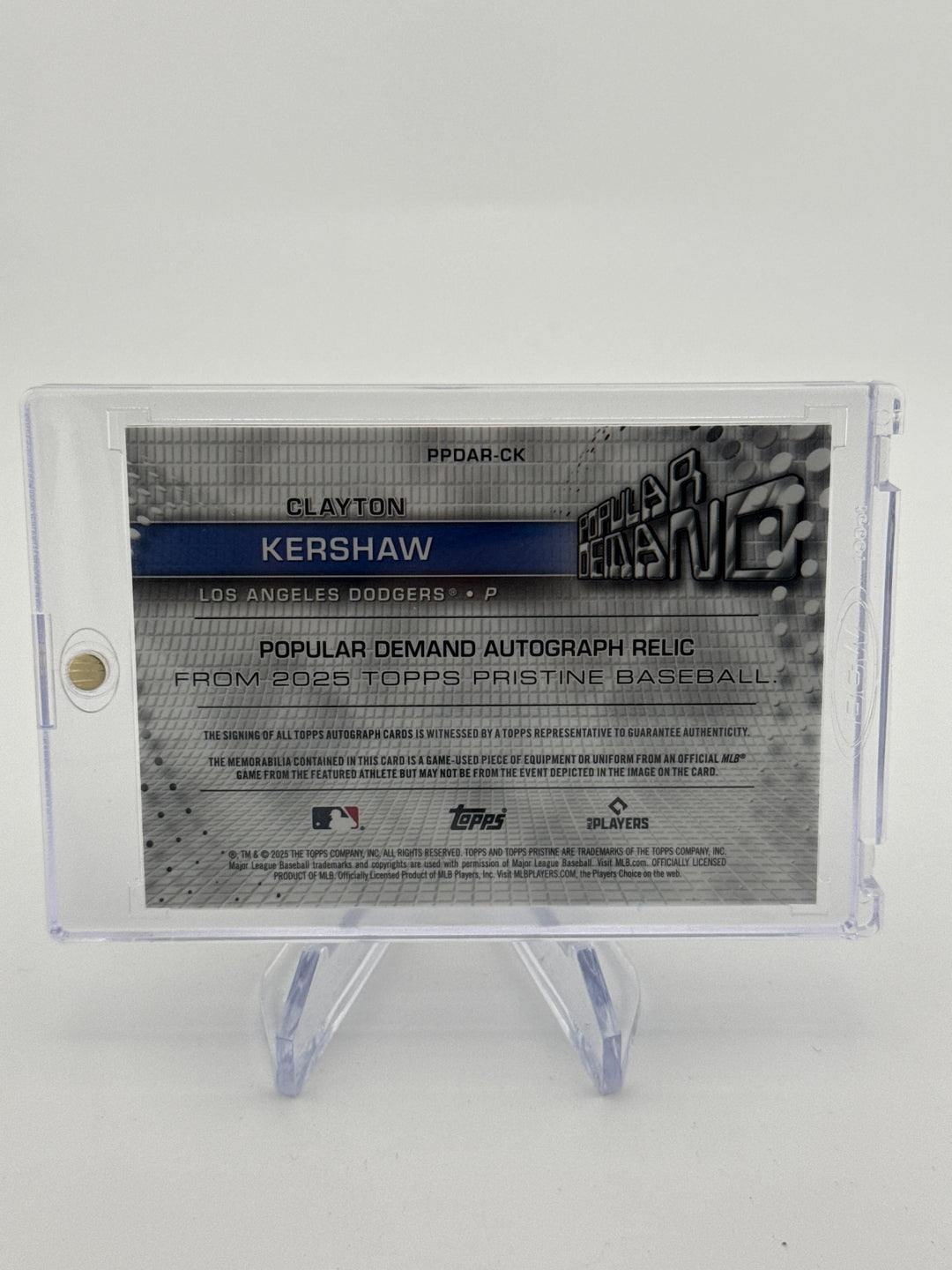 Clayton Kershaw 2025 Topps Pristine Popular Demand Auto Relic Gold Refractor, 47/50