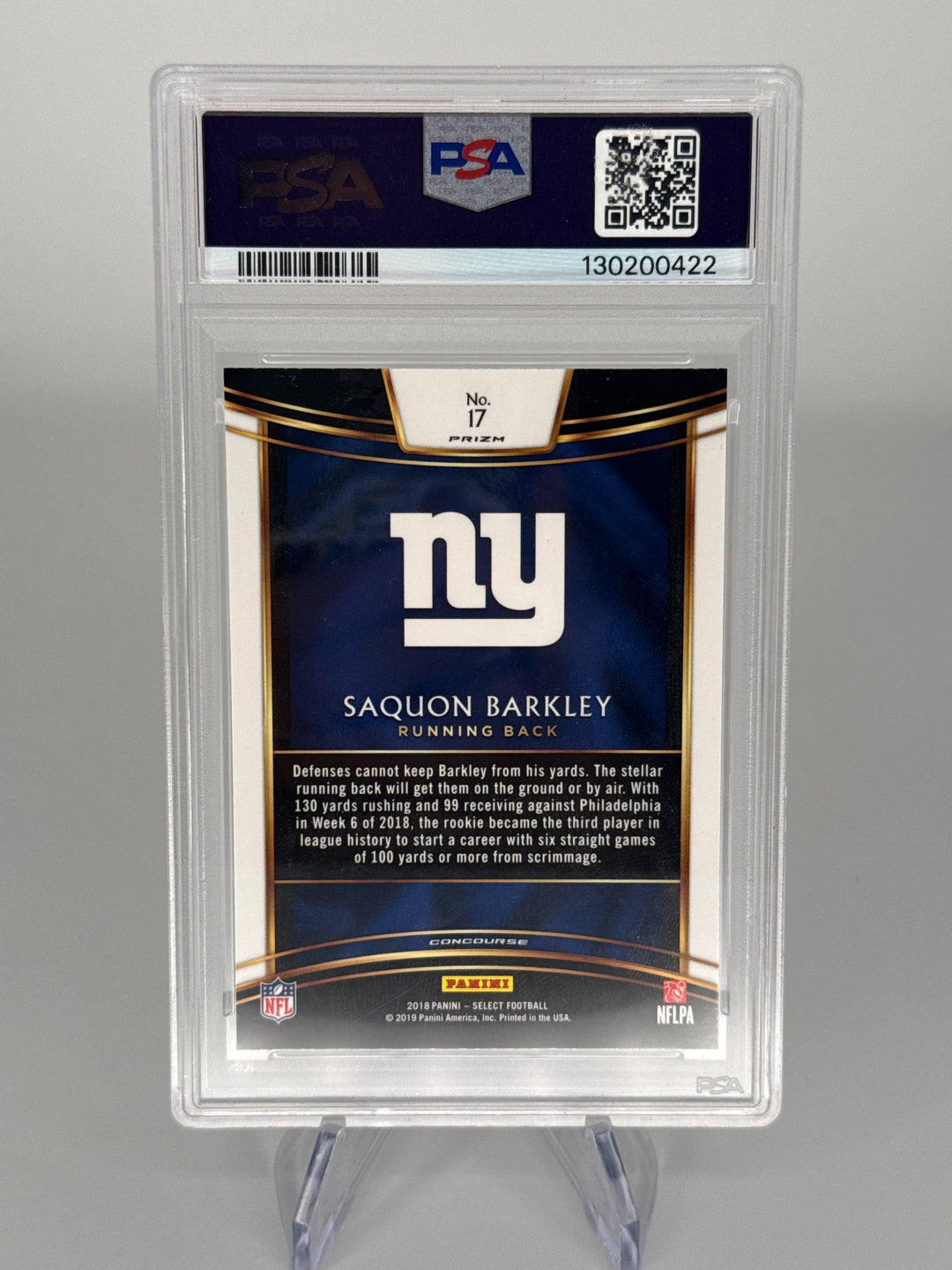 Saquon Barkley 2018 Panini Select Silver Prizm Rookie, PSA 9 Mint