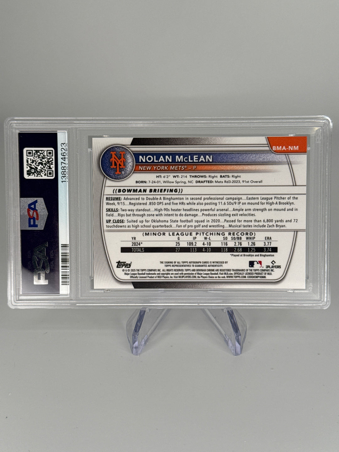 Nolan McLean 2025 Bowman Chrome Mega Box Auto, PSA 10 Gem Mint