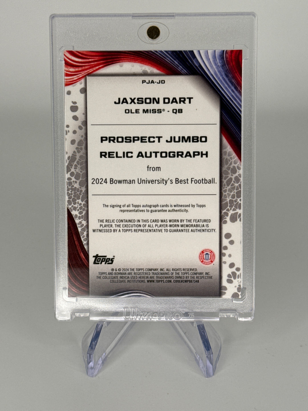 Jaxson Dart 2024 Bowman's Best Player Worn Auto Relic