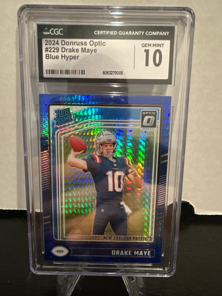 Drake Maye 2024 Panini Donruss Optic Blue Hyper Rookie, CGC 10 Gem Mint