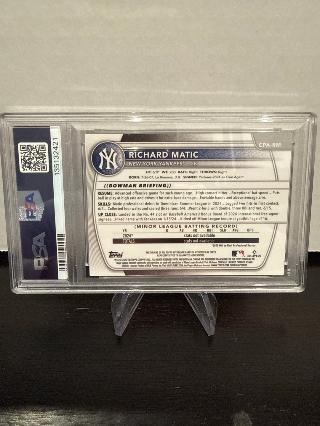 Richard Matic 2025 Bowman Chrome 1st Bowman Auto Gold Lava, 15/50, PSA 10 Gem Mint
