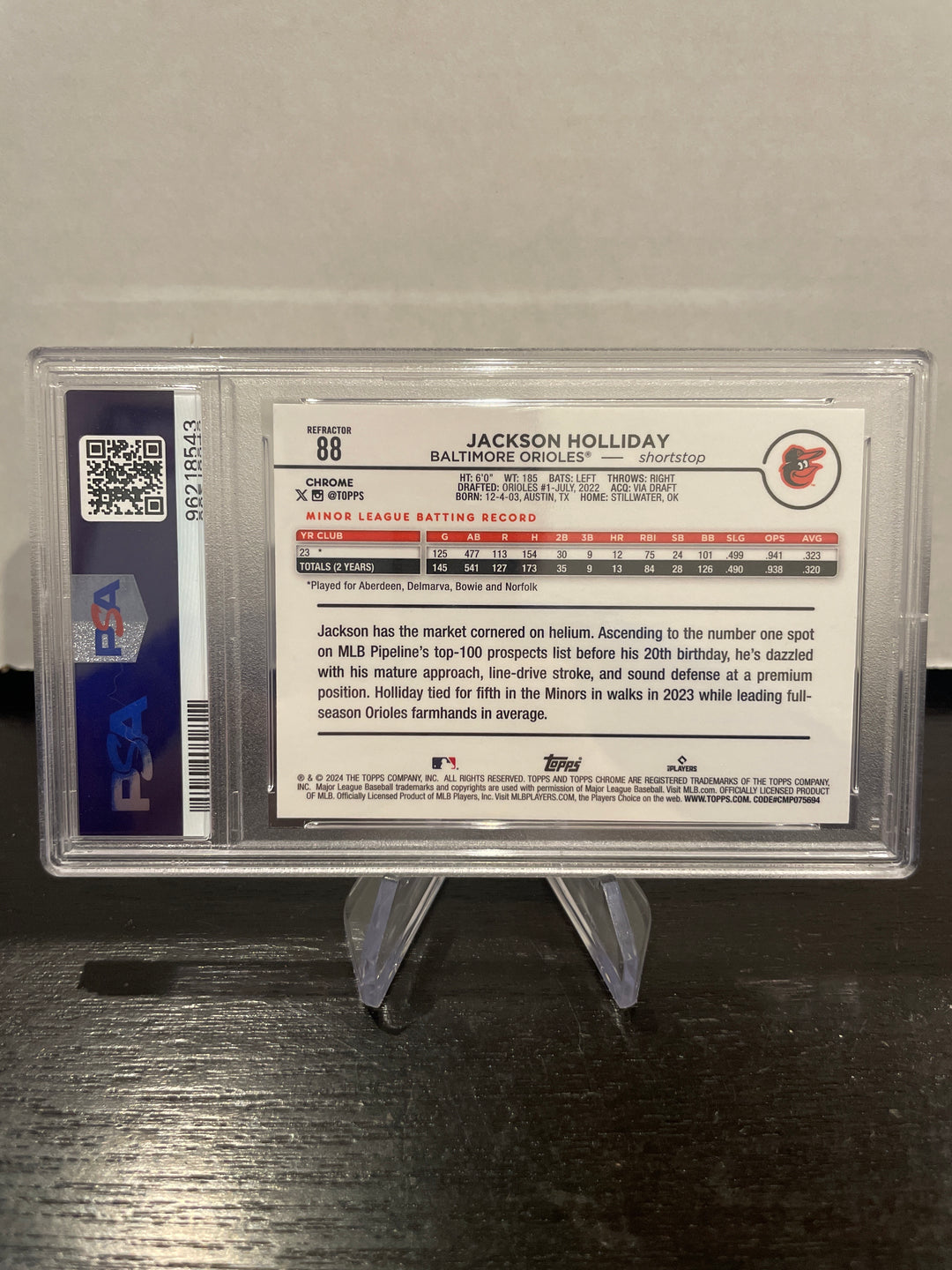 Jackson Holliday 2024 Topps Chrome Rookie Refractor, PSA 10 Gem Mint