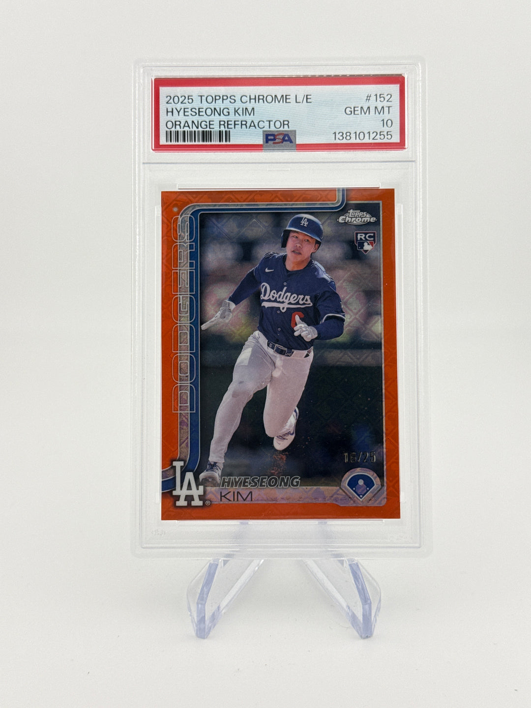 Hyeseong Kim 2025 Topps Chrome Logofractor Orange Refractor Rookie, 16/25, PSA 10 Gem Mint