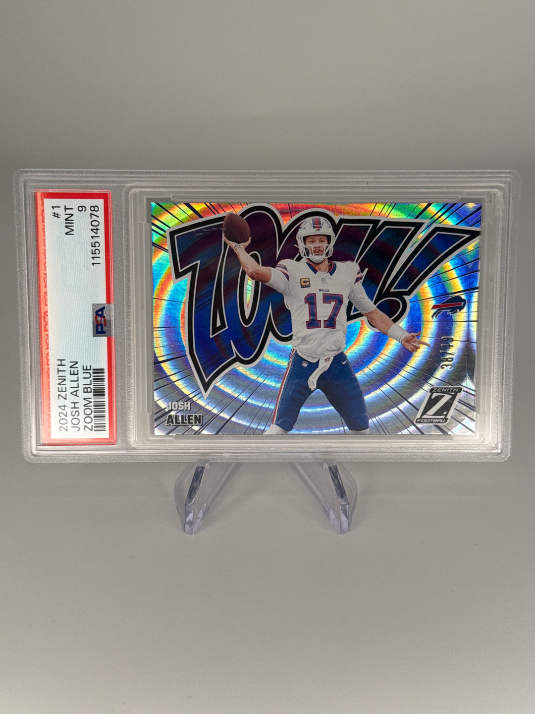 Josh Allen 2024 Panini Zenith Zoom Blue SSP Case Hit, 38/49, PSA 9 Mint