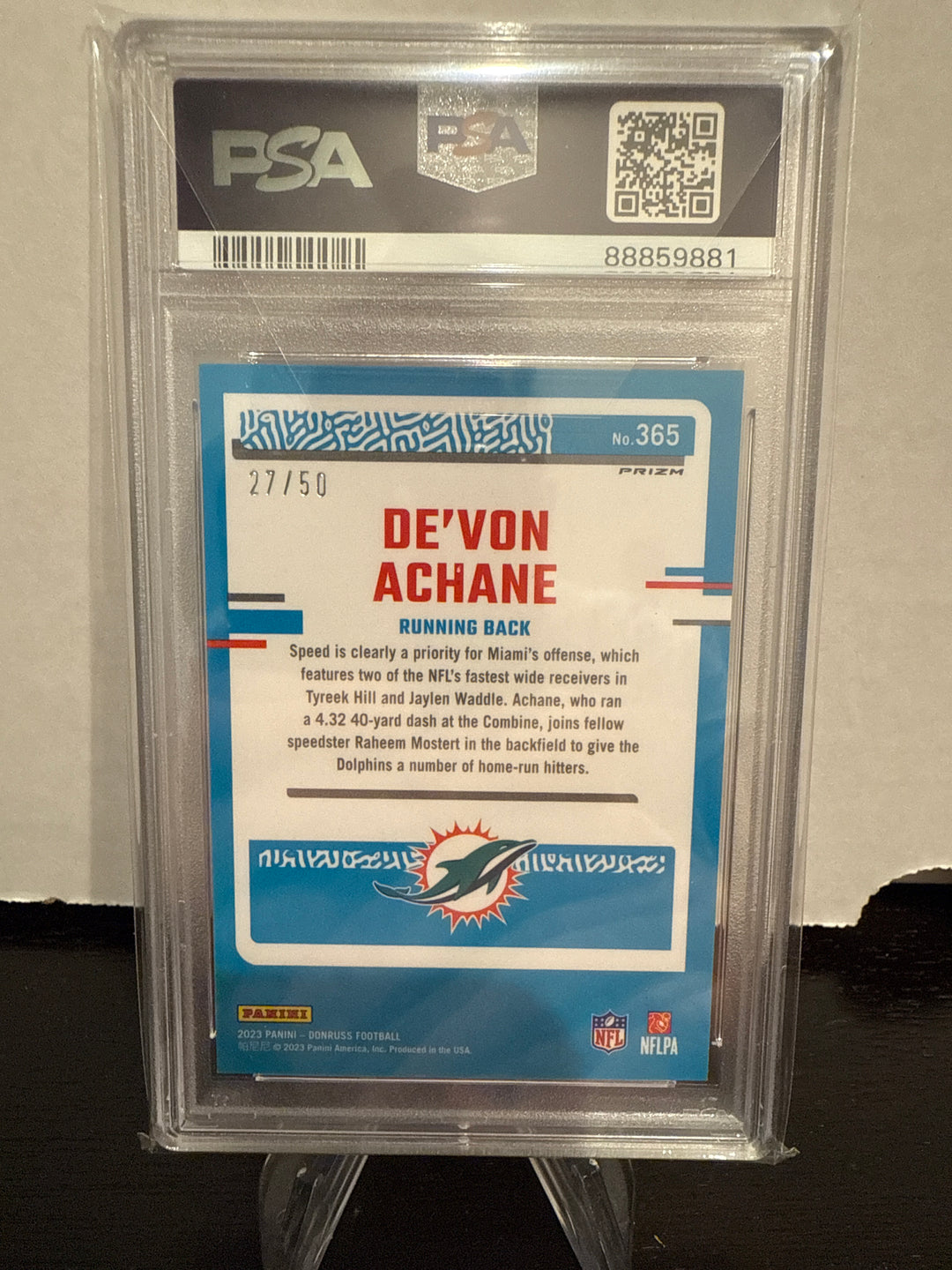 De'Von Achane 2023 Panini Donruss Optic Preview Purple Rookie, 27/50, PSA 10 Gem Mint