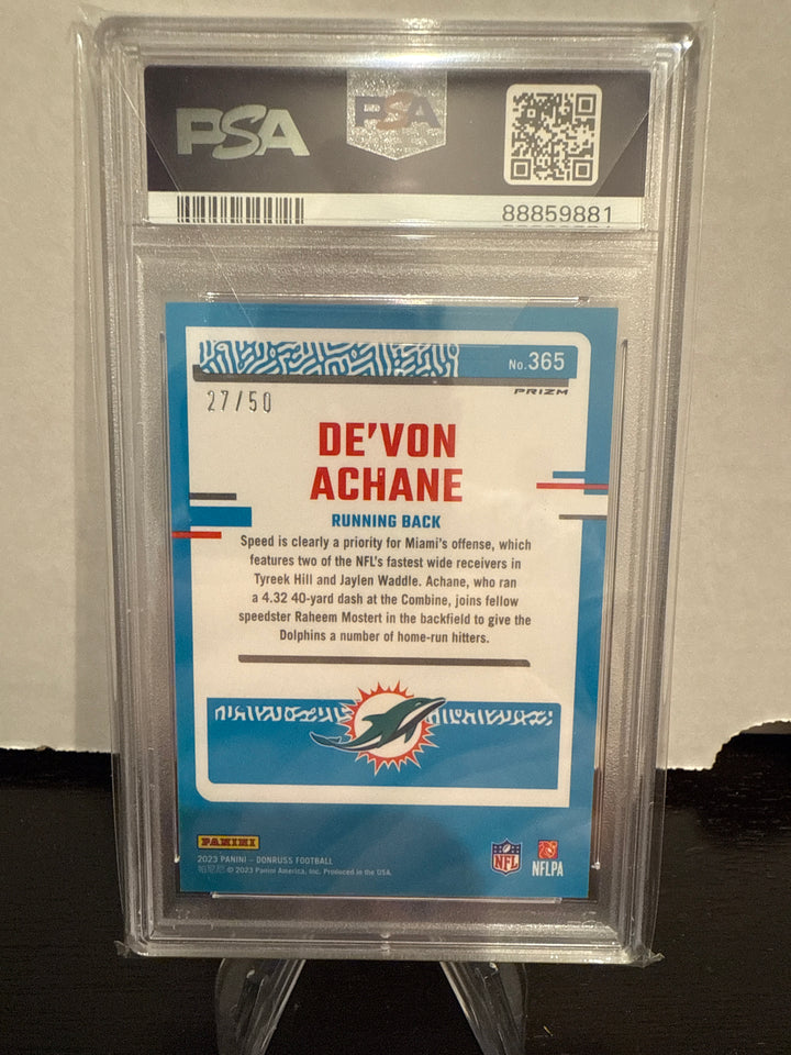 De'Von Achane 2023 Panini Donruss Optic Preview Purple Rookie, 27/50, PSA 10 Gem Mint