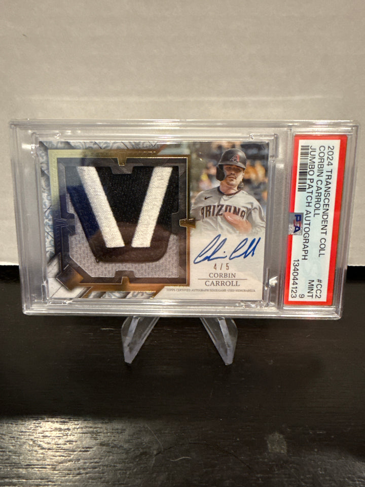 Corbin Carroll 2024 Topps Transcendent Collection Jumbo Patch Auto Emerald, 4/5, PSA 9 Mint