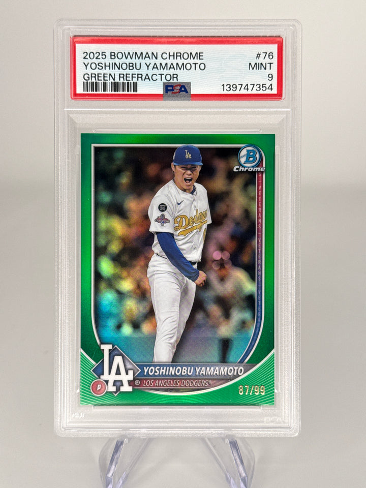 Yoshinobu Yamamoto 2025 Topps Chrome Green Refractor, 87/99, PSA 9 Mint