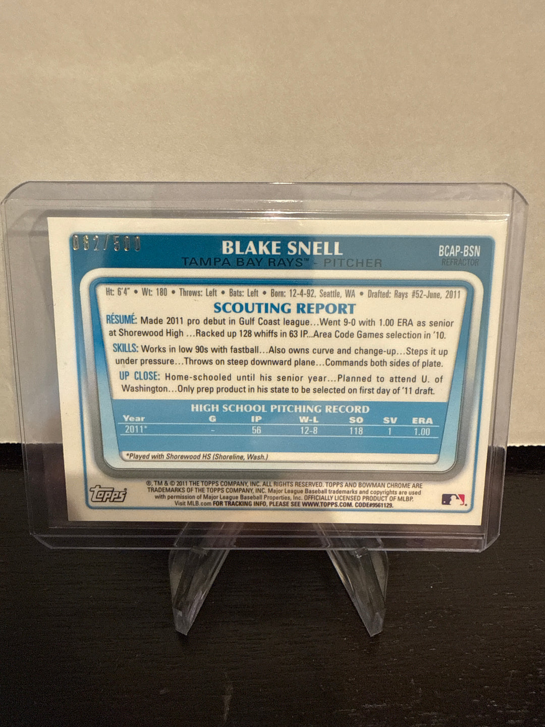 Blake Snell 2011 Bowman Chrome 1st Bowman Refractor Auto, 062/500