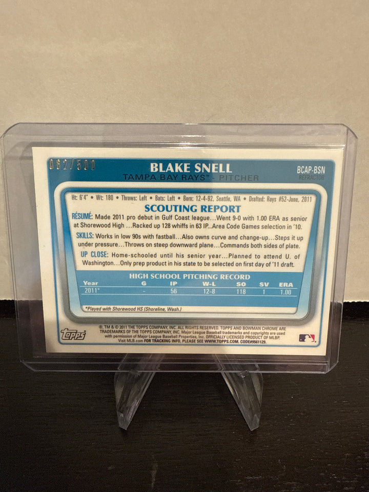 Blake Snell 2011 Bowman Chrome 1st Bowman Refractor Auto, 062/500