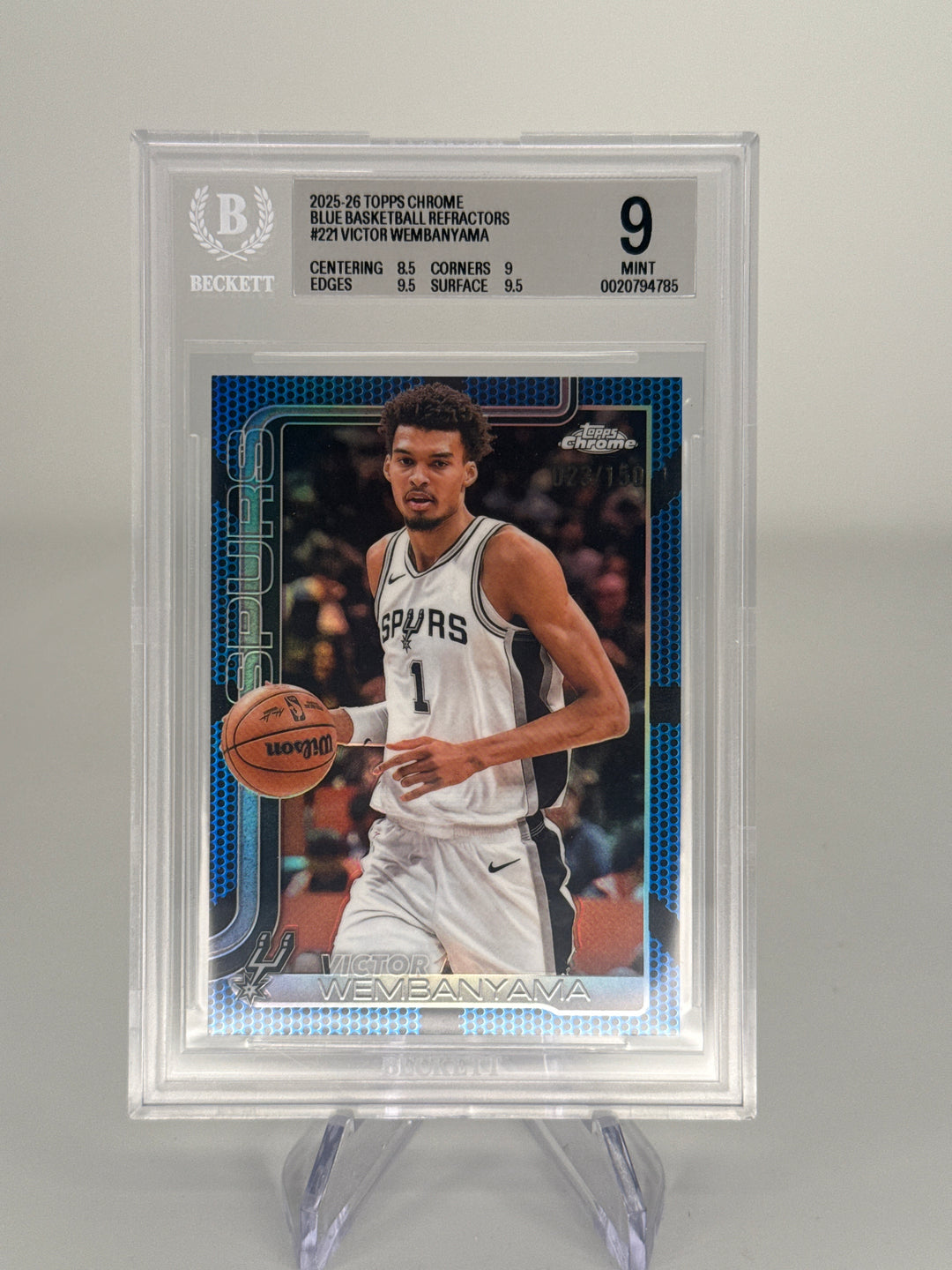Victor Wembanyama 2025 Topps Chrome Blue Basketball Refractor, 023/150, BGS 9 Mint