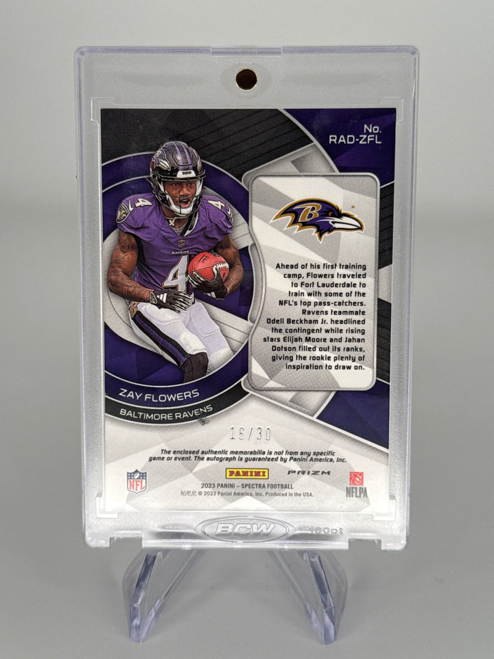 Zay Flowers 2023 Panini Spectra Rookie Patch Auto Neon Purple, 16/30