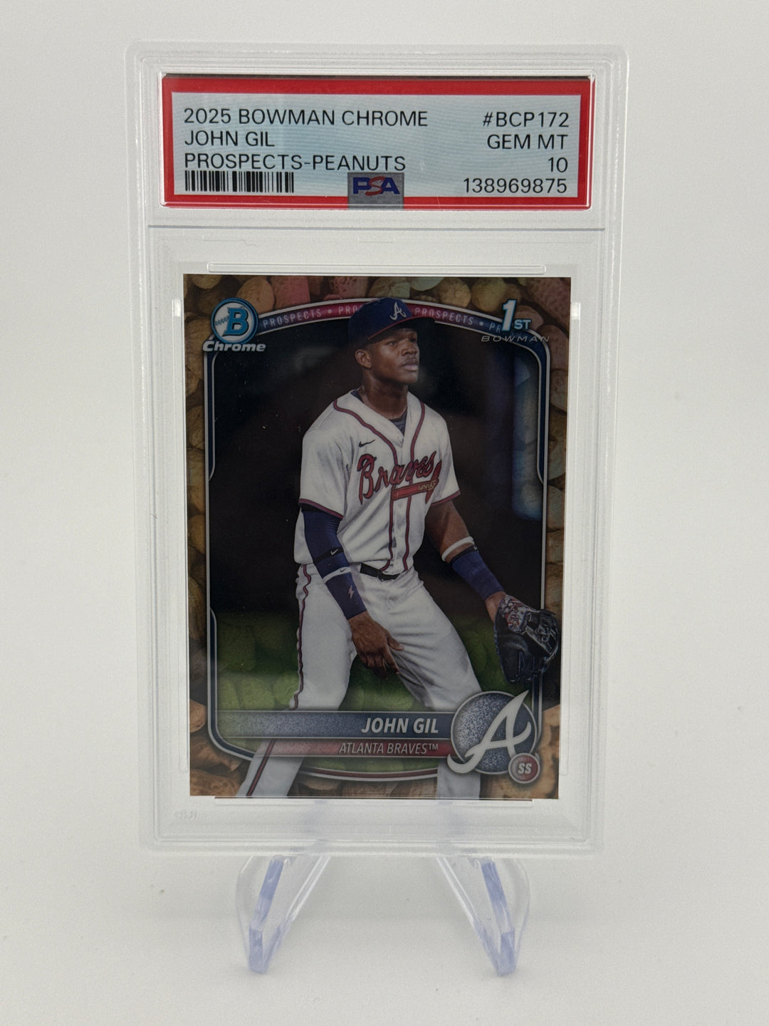 John Gil 2025 Bowman Draft Chrome 1st Peanuts Refractor Snack Pack SSP, PSA 10 Gem Mint