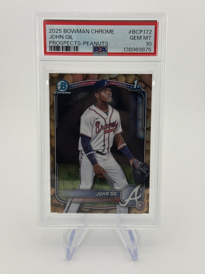 John Gil 2025 Bowman Draft Chrome 1st Peanuts Refractor Snack Pack SSP, PSA 10 Gem Mint