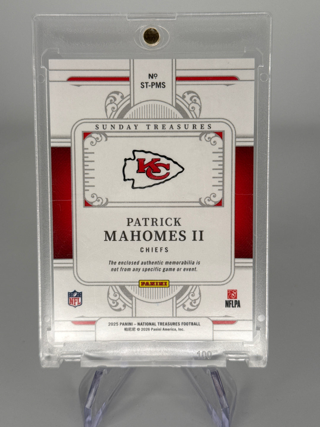 Patrick Mahomes 2025 Panini National Treasures Sunday Treasures Dual Relic, 29/99