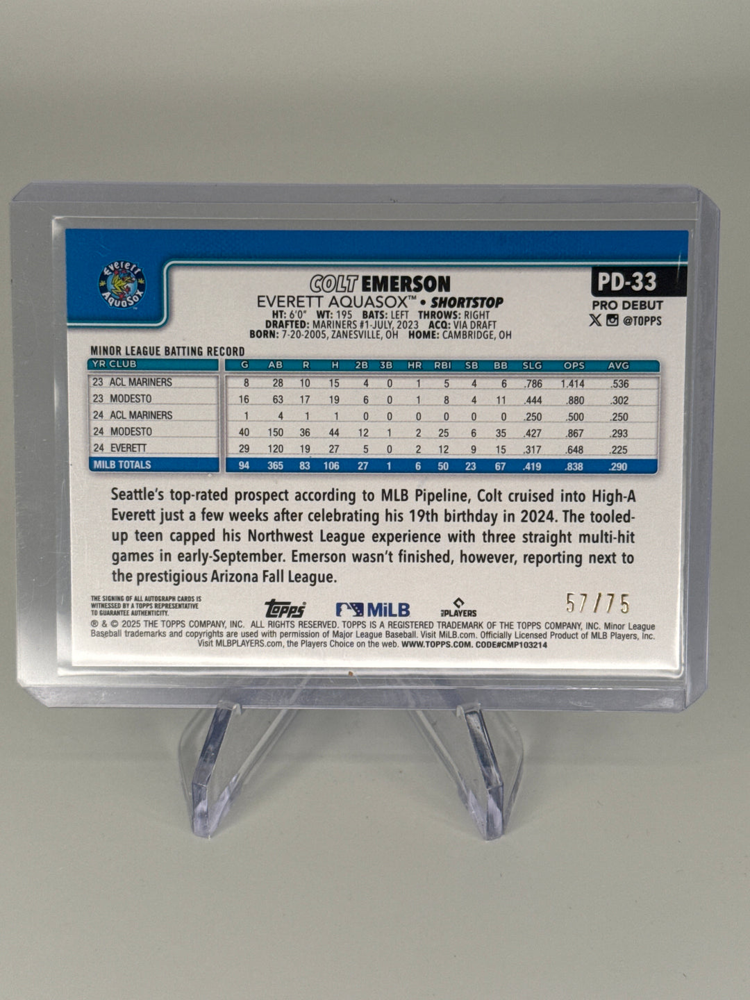 Colt Emerson 2025 Topps Pro Debut Aqua Foil Auto, 57/75
