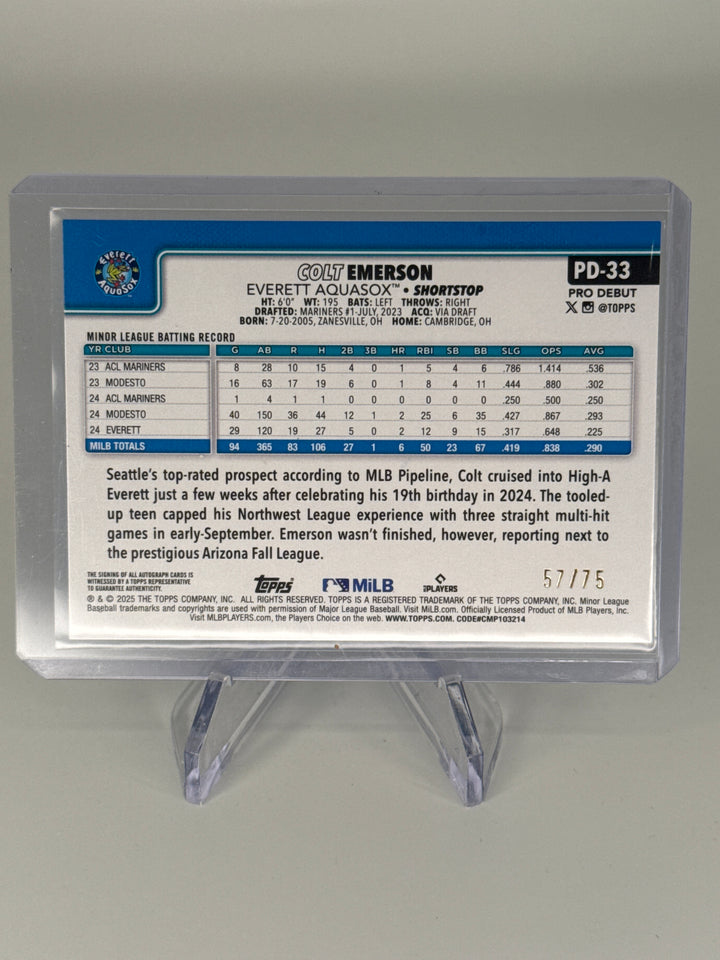 Colt Emerson 2025 Topps Pro Debut Aqua Foil Auto, 57/75