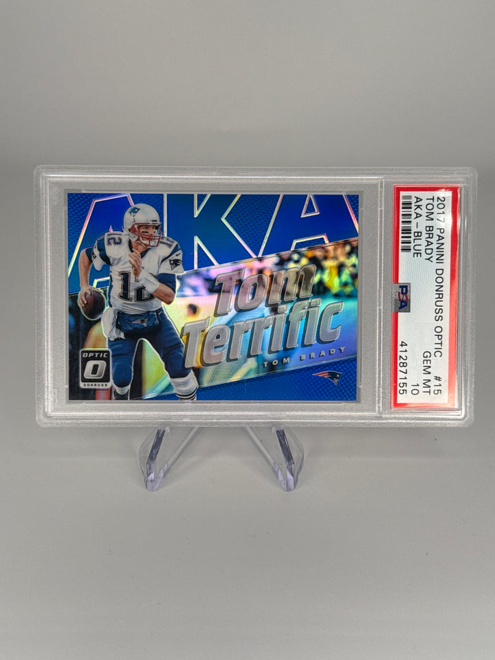 Tom Brady 2017 Panini Donruss Optic Tom Terrific Blue Prizm, 071/149, PSA 10 Gem Mint