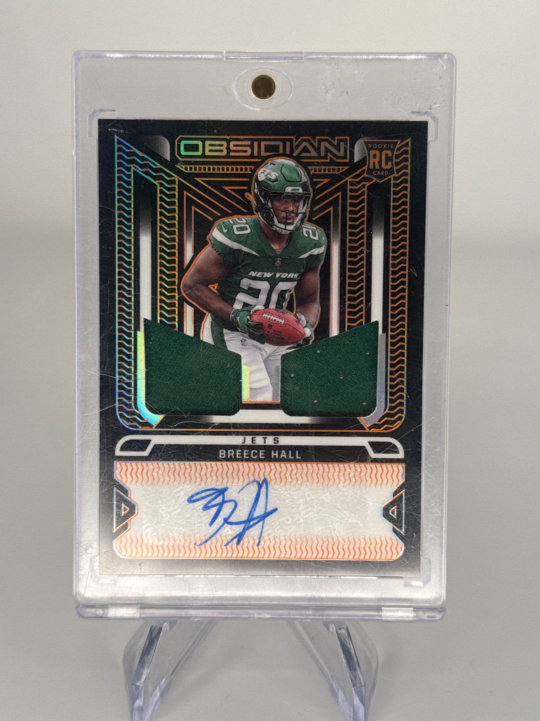 Breece Hall 2022 Panini Obsidian Rookie Dual Patch Auto, 86/99