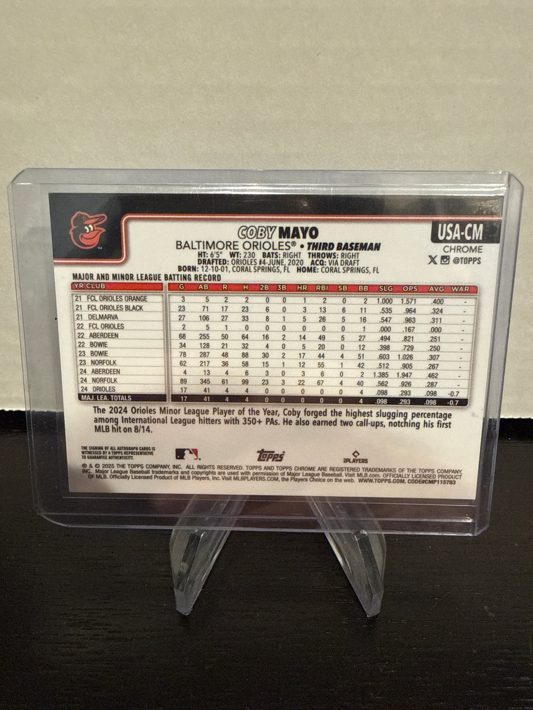 Coby Mayo 2025 Topps Chrome Update Sapphire Rookie Auto, 041/199