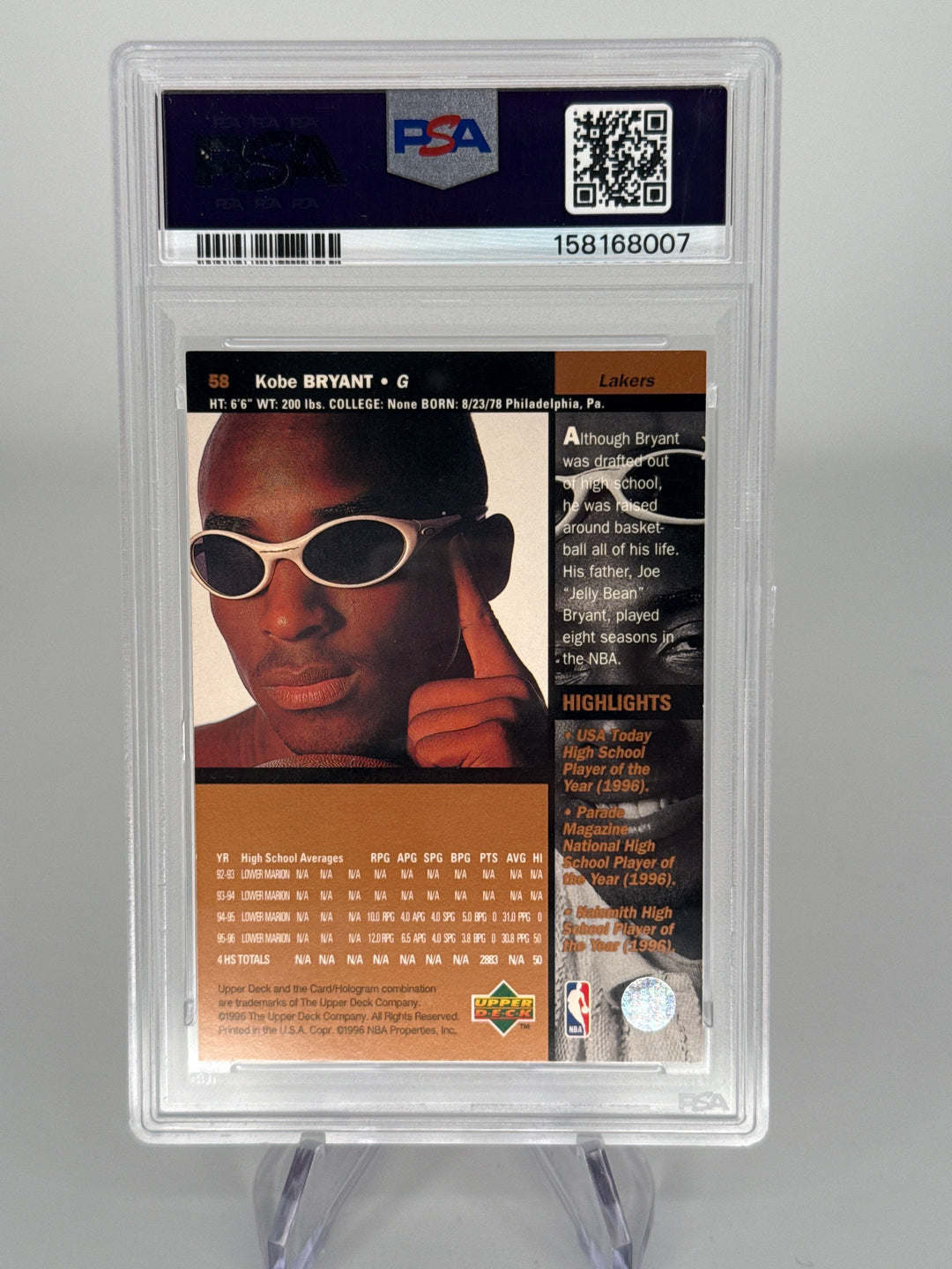 Kobe Bryant 1996 Upper Deck Rookie, PSA 7