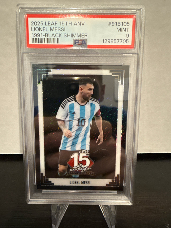 Lionel Messi 2025 Leaf 15th Anniversary Black Shimmer, 2/2, PSA 9 Mint