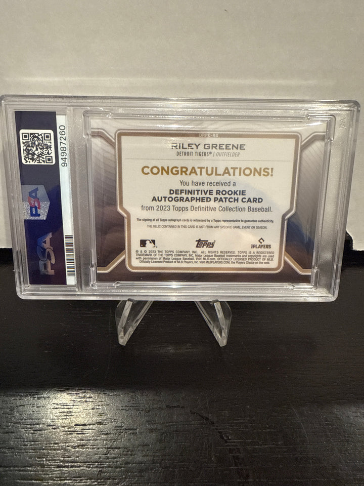 Riley Greene 2023 Topps Definitive Collection Rookie Patch Auto, 18/50, PSA 10 Gem Mint