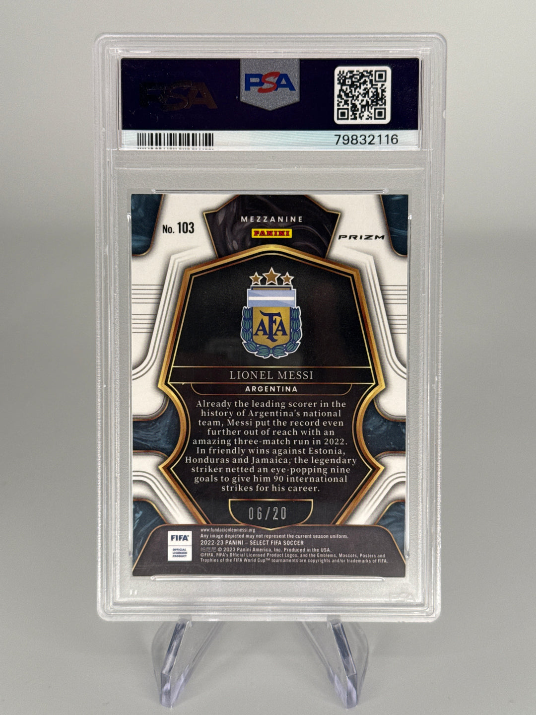 Lionel Messi 2022-2023 Panini Select White Prizm, 06/20, PSA 9 Mint