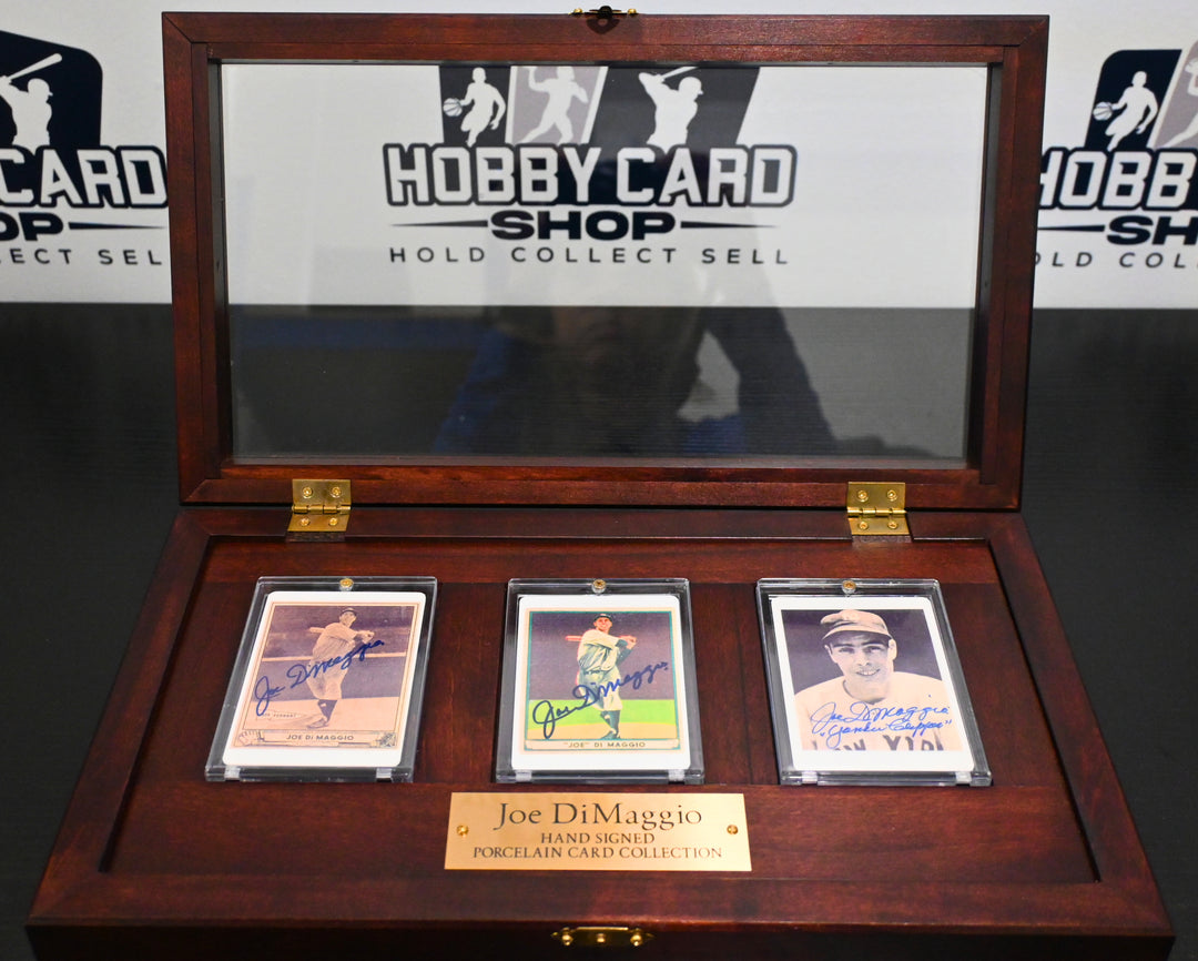 Joe DiMaggio Hand Signed Porcelain Cards and Display