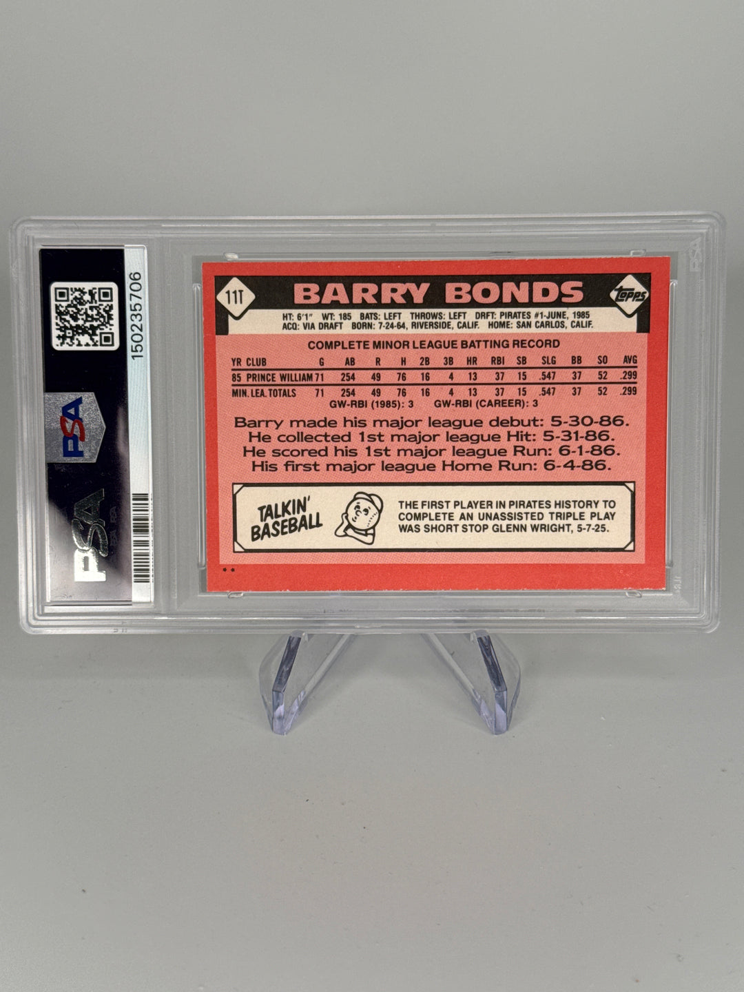 Barry Bonds 1986 Topps Traded Rookie, PSA 9 Mint