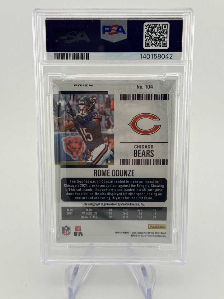 Rome Odunze 2024 Panini Contedners Cracked Ice Rookie Ticket Auto, 02/22, PSA 9 Mint
