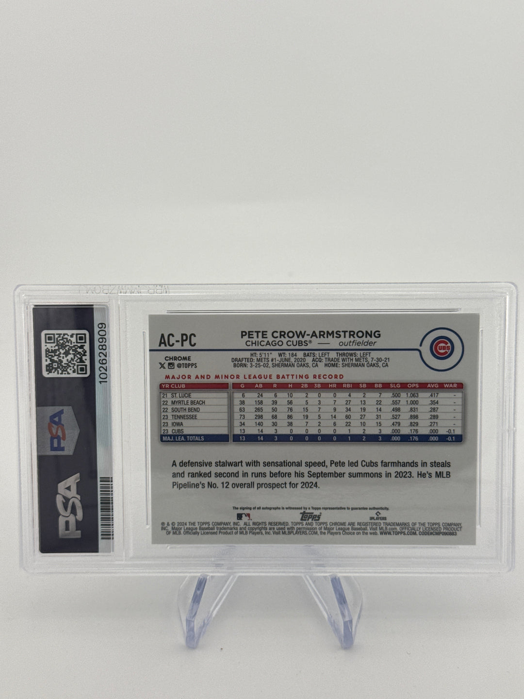 Pete Crow-Armstrong 2024 Topps Chrome Update Blue Refractor Rookie Auto, 144/150, PSA 9 Mint