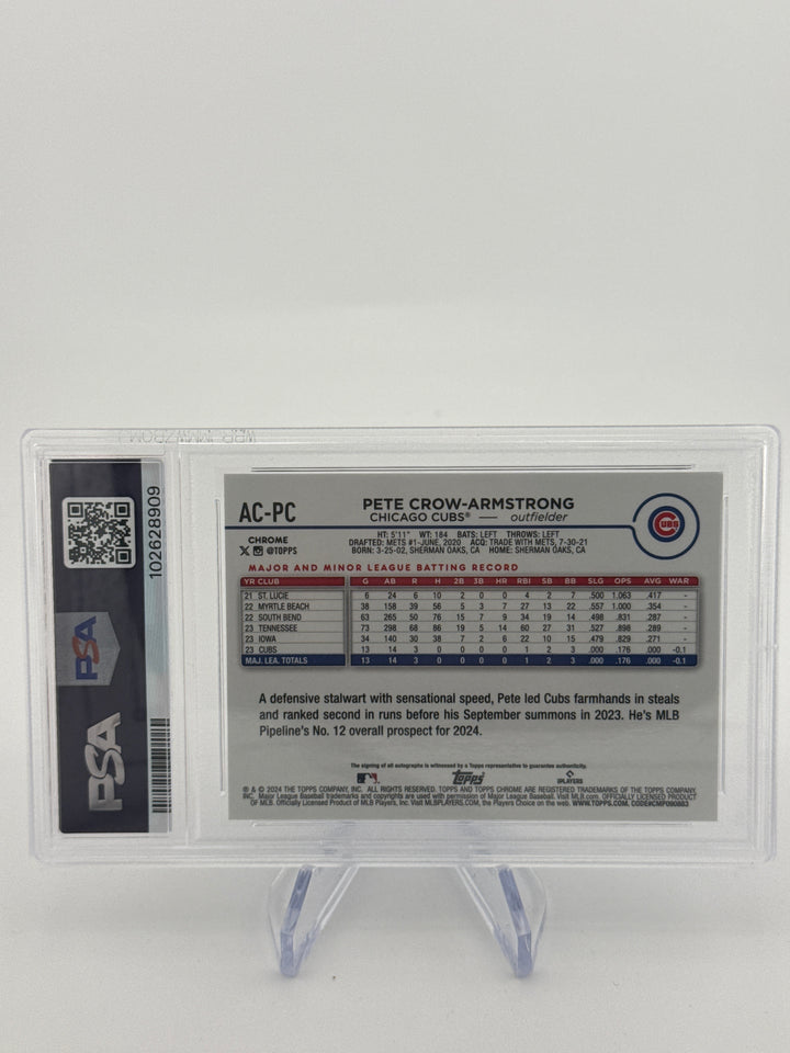 Pete Crow-Armstrong 2024 Topps Chrome Update Blue Refractor Rookie Auto, 144/150, PSA 9 Mint