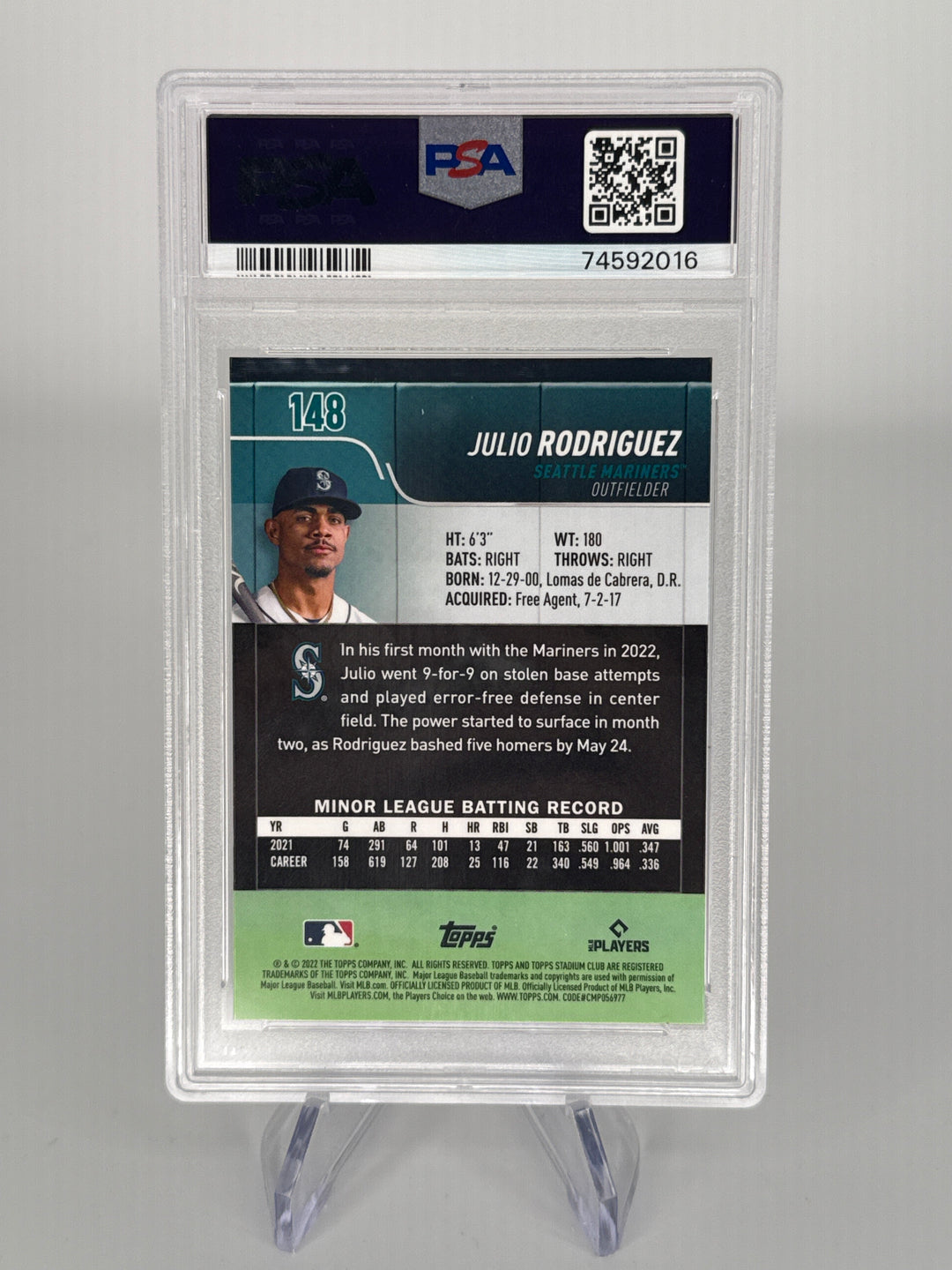 Julio Rodriguez 2022 Topps Stadium Club Chrome XFractor Rookie, PSA 9 Mint