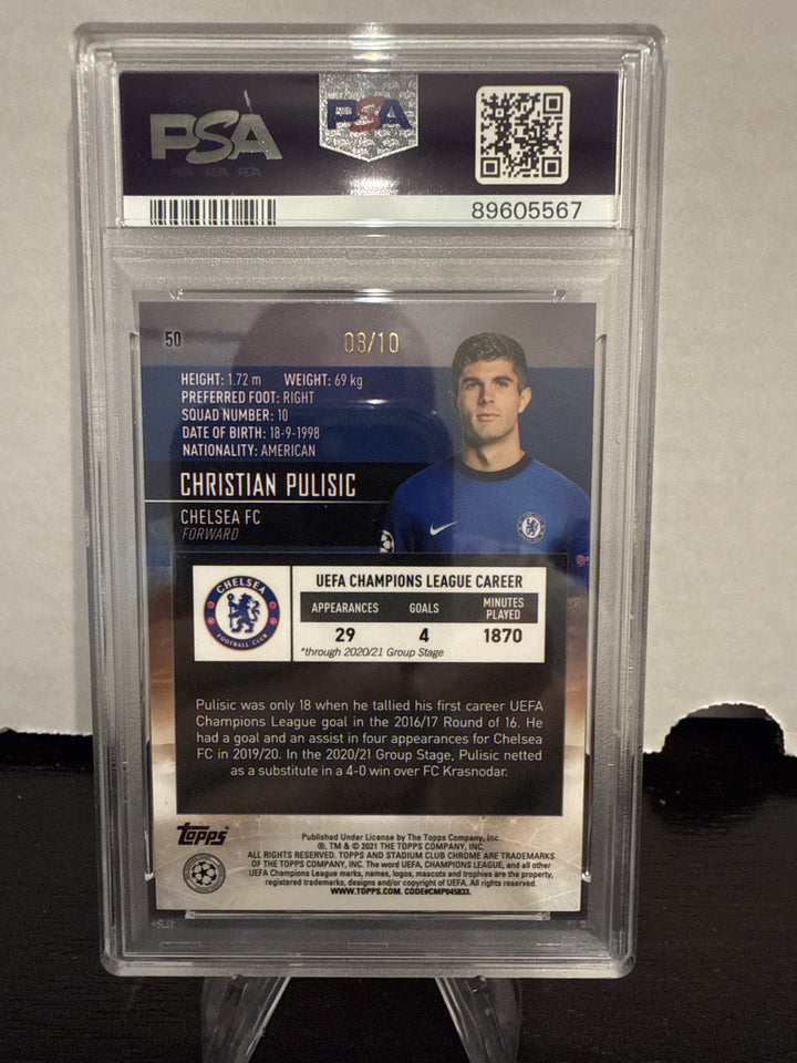 Christian Pulisic 2020-2021 Topps Stadium Club Chrome Champions League Orange/Blue Electric Refractor, 08/10, PSA 10 Gem Mint