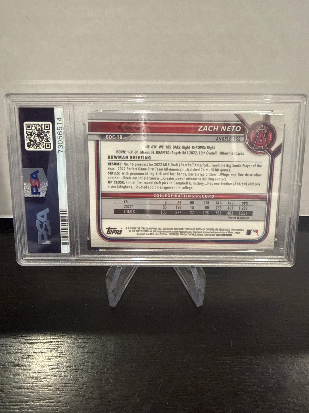 Zach Neto 2022 Bowman Draft Sapphire 1st, PSA 10 Gem Mint