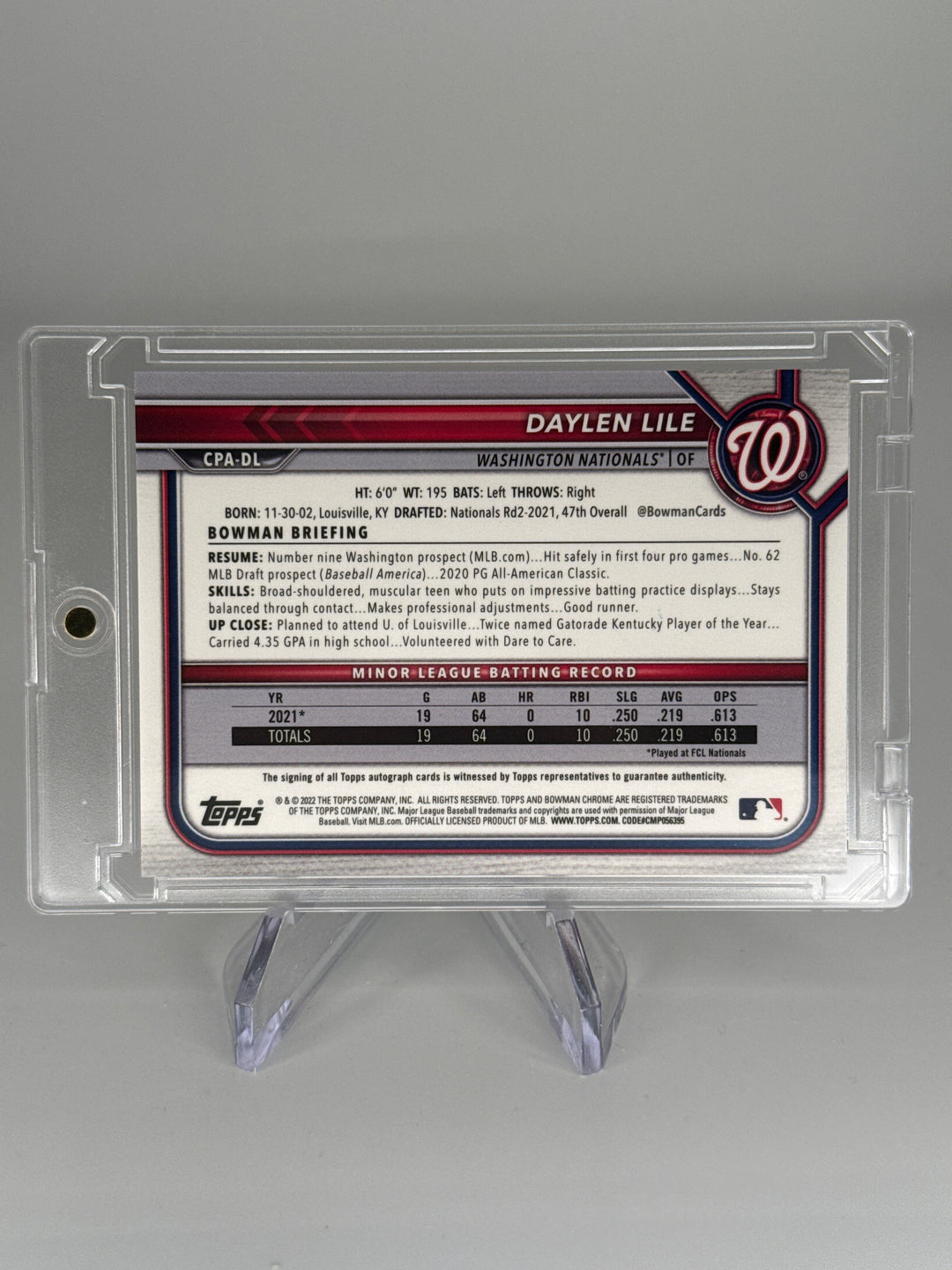 Daylen Lile 2022 Bowman Chrome Green Refractor Prospect Auto, 97/99