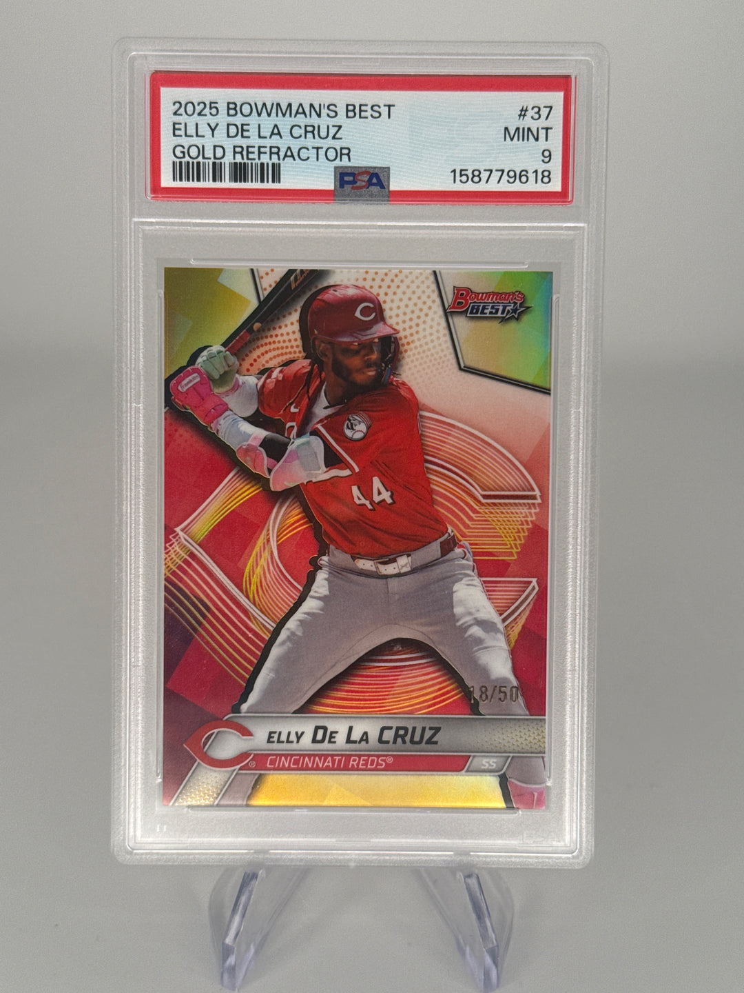 Elly De La Cruz 2025 Bowman's Best Gold Refractor, 18/50, PSA 9 Mint