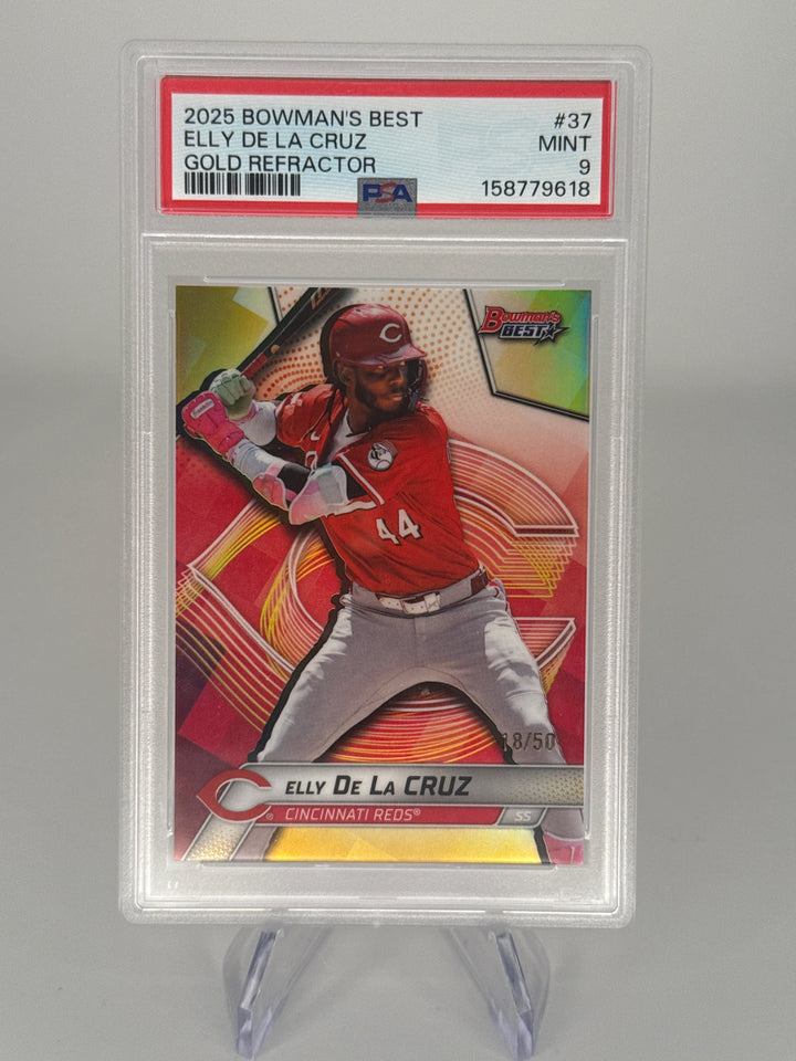 Elly De La Cruz 2025 Bowman's Best Gold Refractor, 18/50, PSA 9 Mint