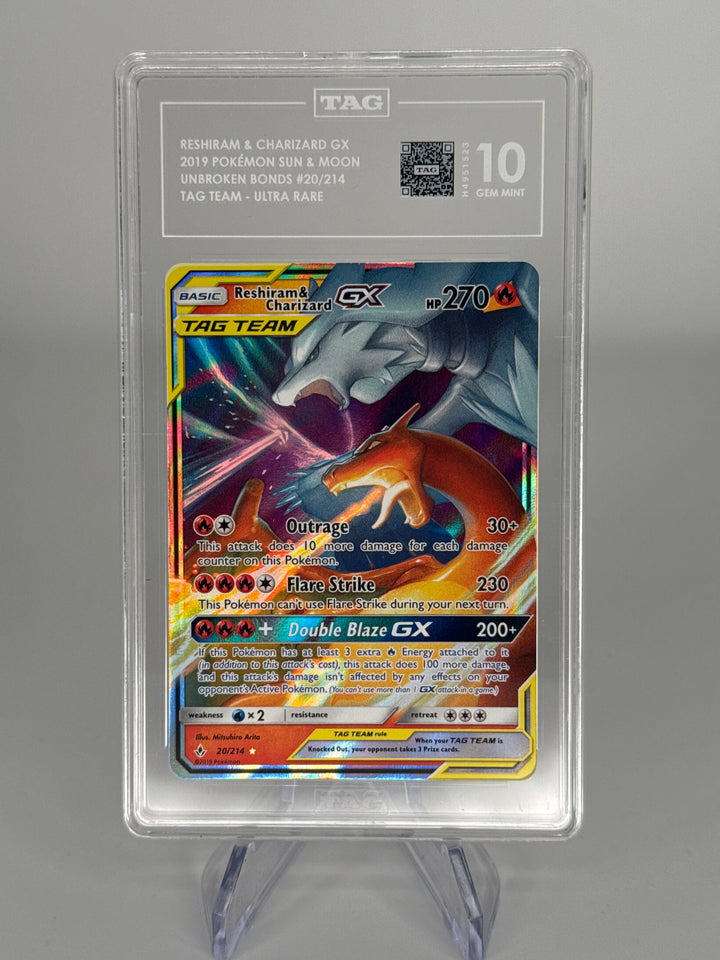 Pokemon TCG 2019 Reshiram & Charizard GX Tag Team Unbroken Bonds Full Art Holo, 20/214, TAG 10 Gem Mint