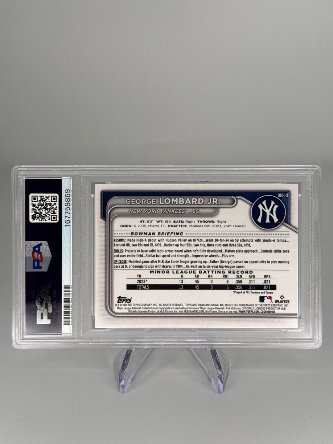 George Lombard Jr 2024 Bowman Draft Sapphire Prospect Orange Refractor, 19/25, PSA 9 Mint
