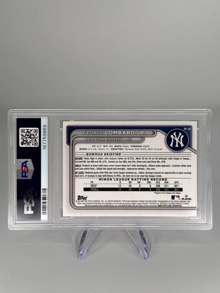 George Lombard Jr 2024 Bowman Draft Sapphire Prospect Orange Refractor, 19/25, PSA 9 Mint