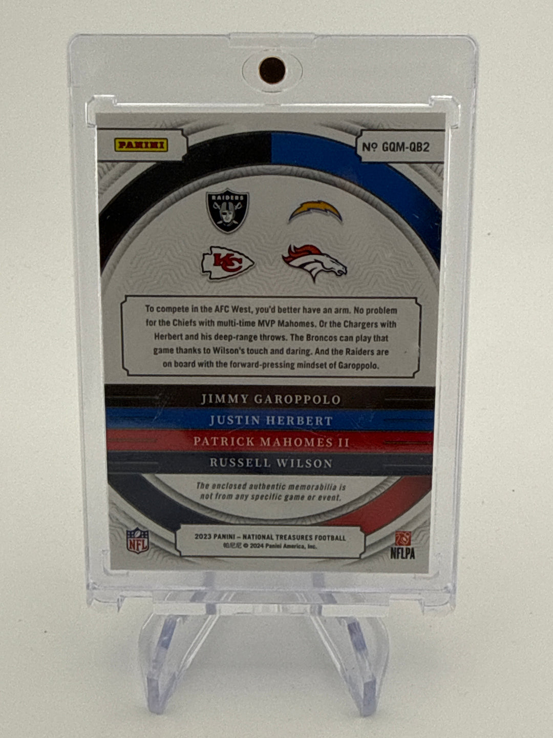 Jimmy Garoppolo/Justin Herbert/Patrick Mahomes/Russell Wilson 2023 Panini National Treasures Quad Relic, 57/99