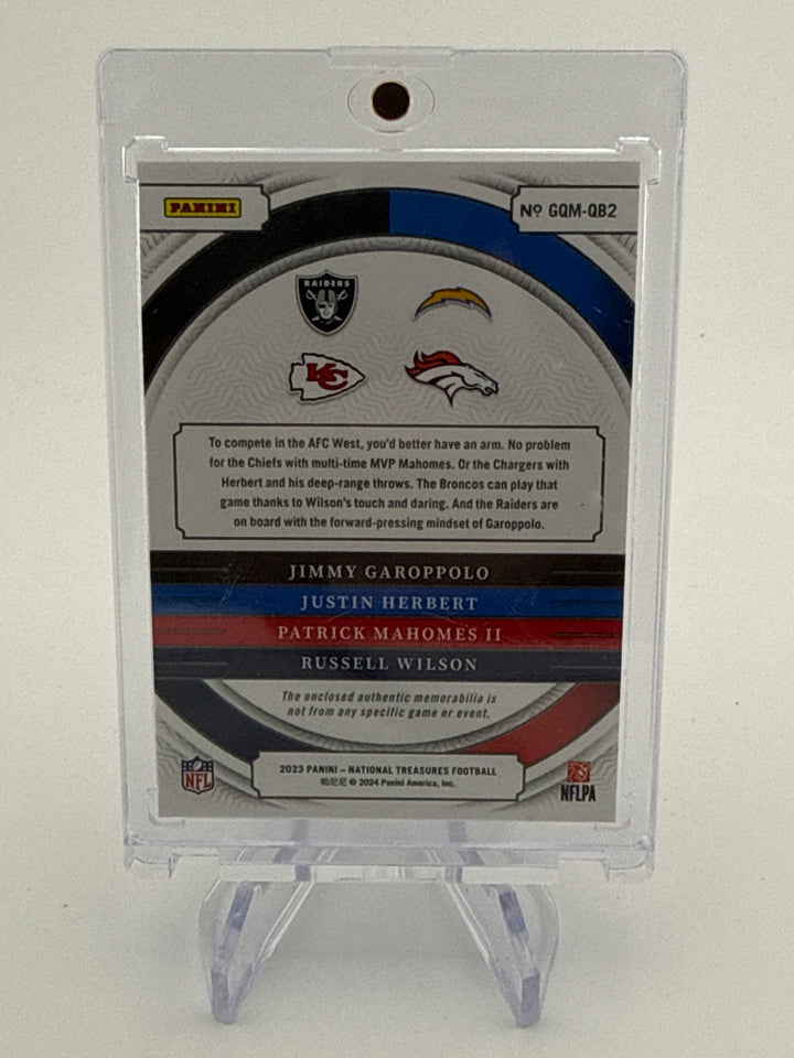 Jimmy Garoppolo/Justin Herbert/Patrick Mahomes/Russell Wilson 2023 Panini National Treasures Quad Relic, 57/99