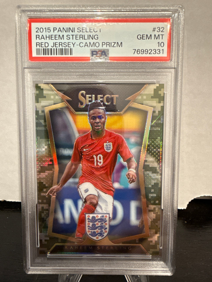 Raheem Sterling 2015 Panini Select Red Jersey Camo Prizm, 007/249, PSA 10 Gem Mint