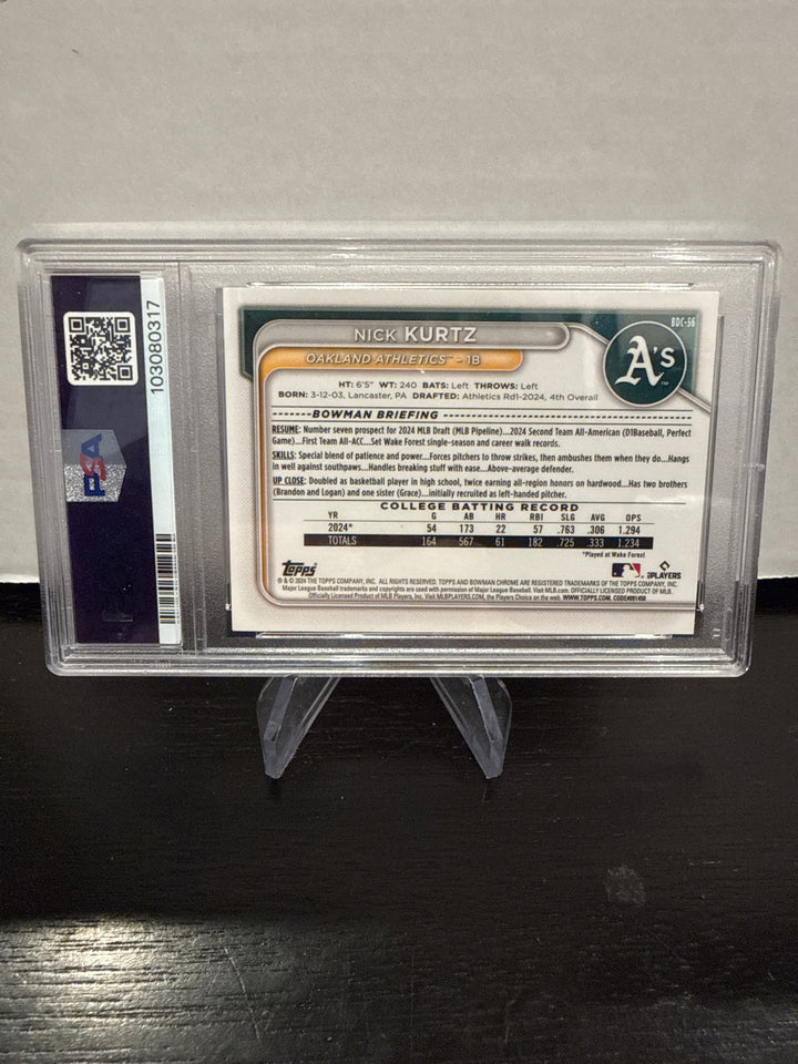 Nick Kurtz 2024 Bowman Draft Chrome Sparkle Refractor, 004/200, PSA 10 Gem Mint